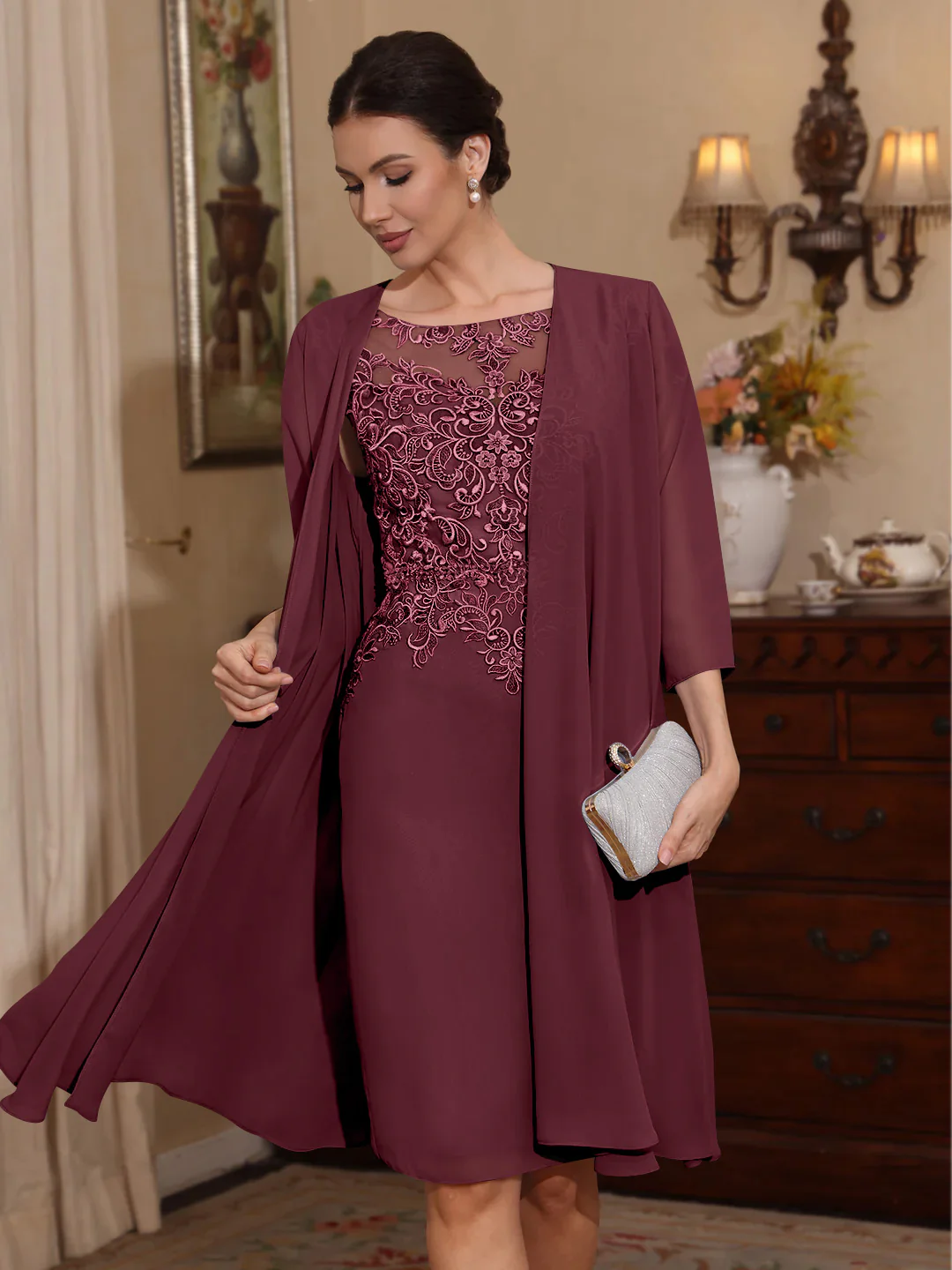 2 Pieces Sheath/Column Scoop Chiffon Mother of the Bride Dresses with Jacket Lace Knee-Length 3/4 Sleeves - Image 36