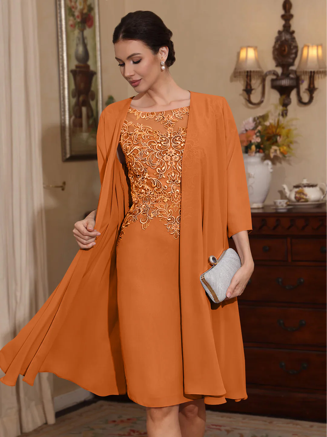 2 Pieces Sheath/Column Scoop Chiffon Mother of the Bride Dresses with Jacket Lace Knee-Length 3/4 Sleeves - Image 38