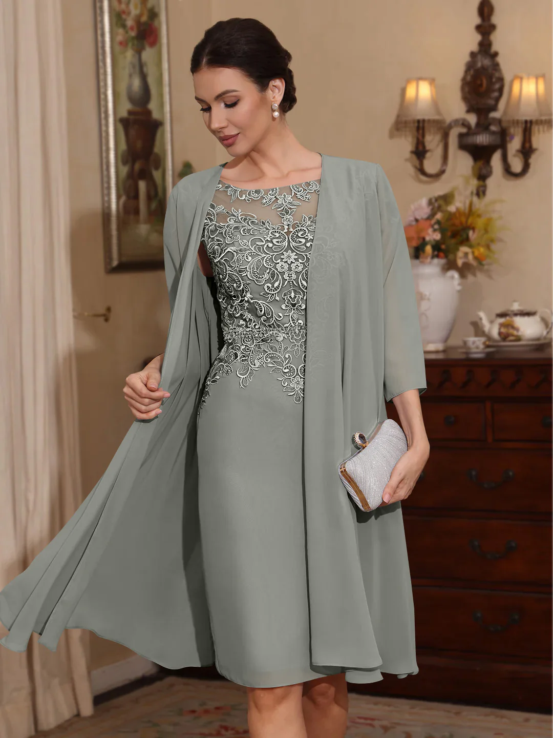 2 Pieces Sheath/Column Scoop Chiffon Mother of the Bride Dresses with Jacket Lace Knee-Length 3/4 Sleeves - Image 47