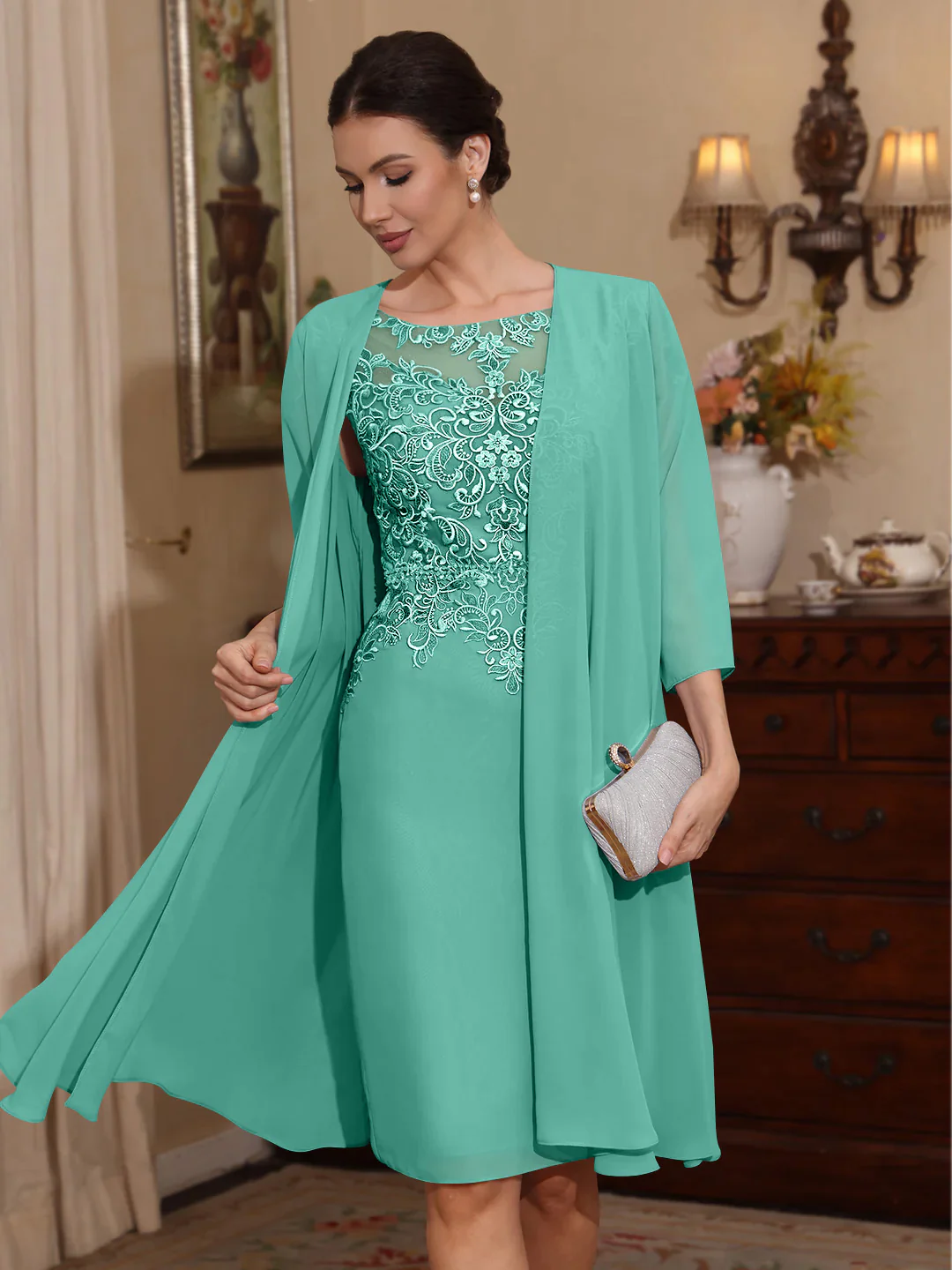 2 Pieces Sheath/Column Scoop Chiffon Mother of the Bride Dresses with Jacket Lace Knee-Length 3/4 Sleeves - Image 49