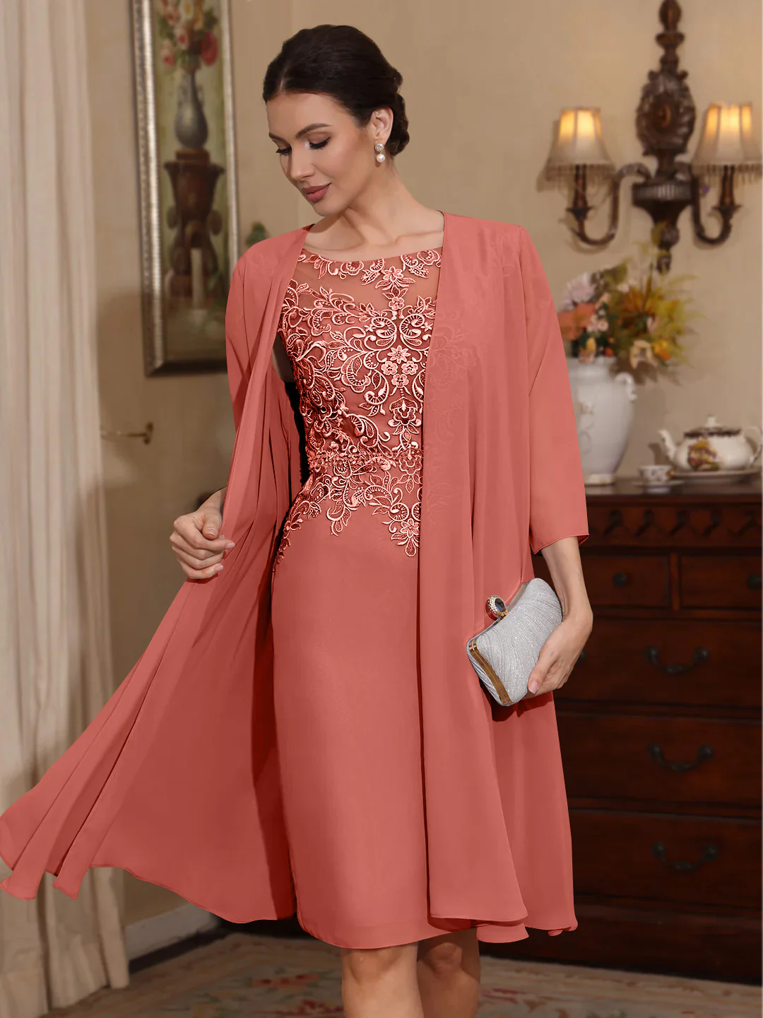 2 Pieces Sheath/Column Scoop Chiffon Mother of the Bride Dresses with Jacket Lace Knee-Length 3/4 Sleeves - Image 52
