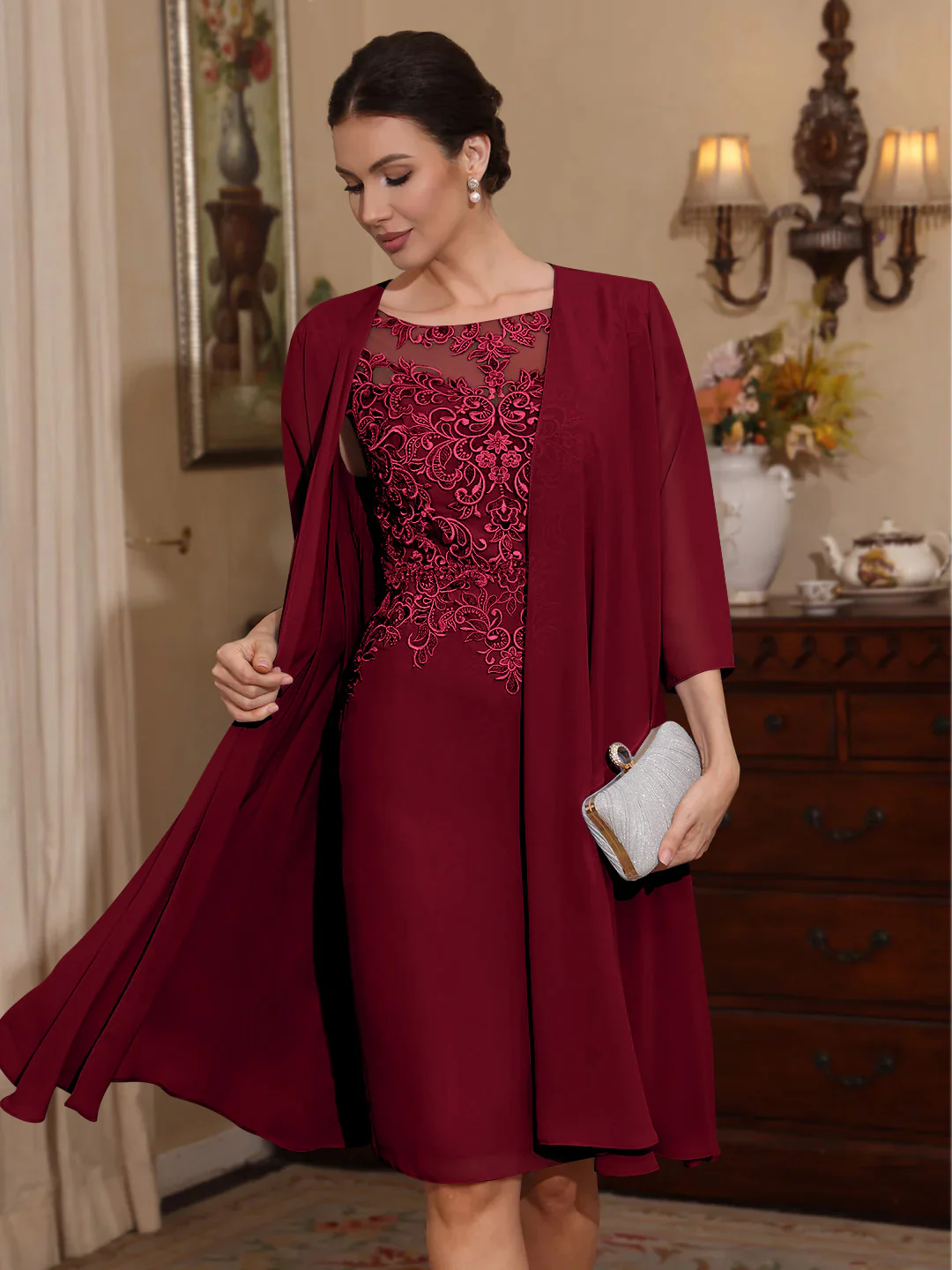 2 Pieces Sheath/Column Scoop Chiffon Mother of the Bride Dresses with Jacket Lace Knee-Length 3/4 Sleeves - Image 54