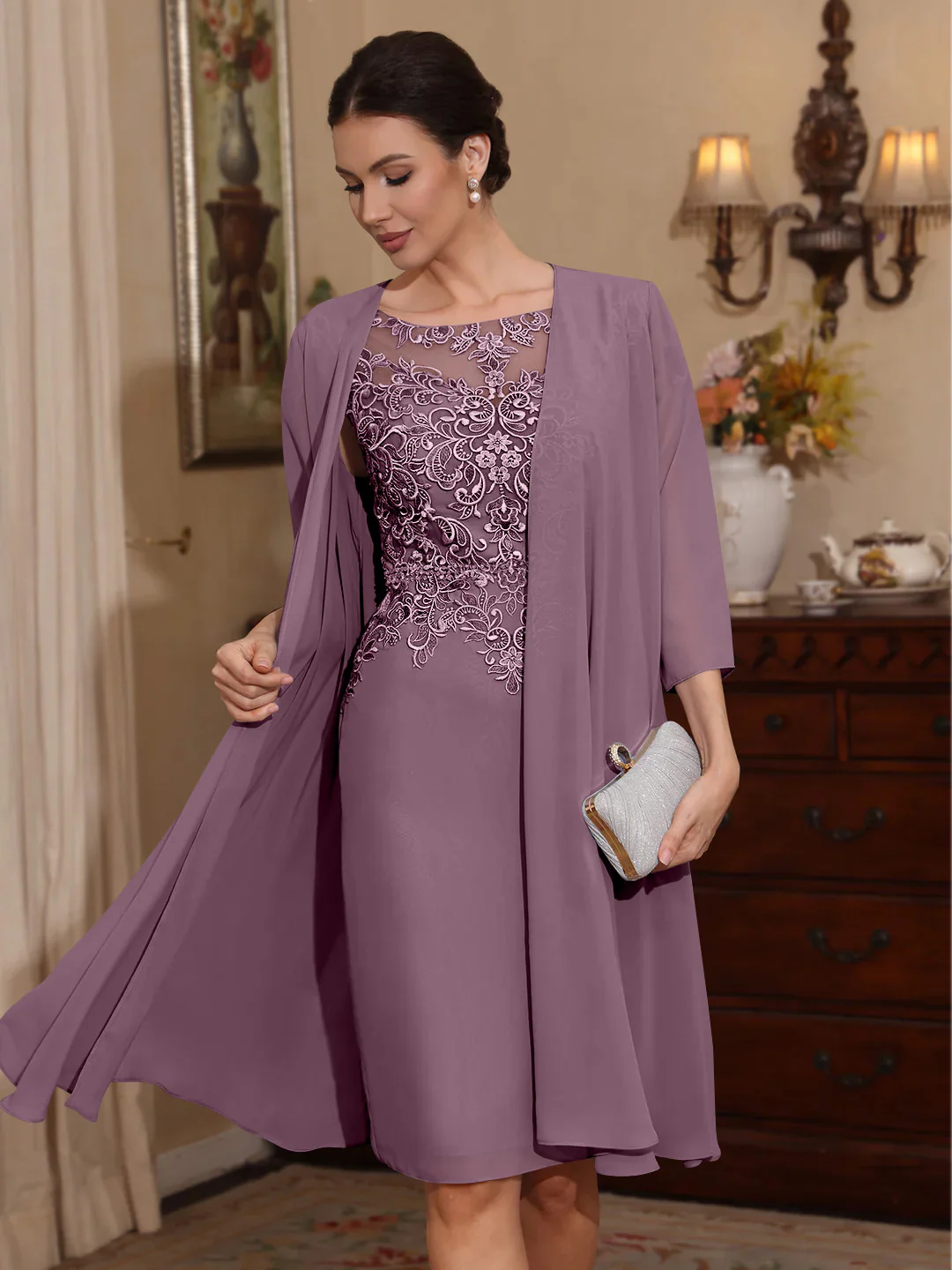 2 Pieces Sheath/Column Scoop Chiffon Mother of the Bride Dresses with Jacket Lace Knee-Length 3/4 Sleeves - Image 55