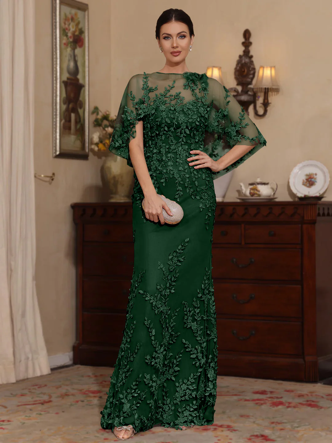 2 Pieces Sheath/Column Scoop Lace Mother of the Bride Dresses with Wrap Beading Half Sleeves Floor-Length - Image 18