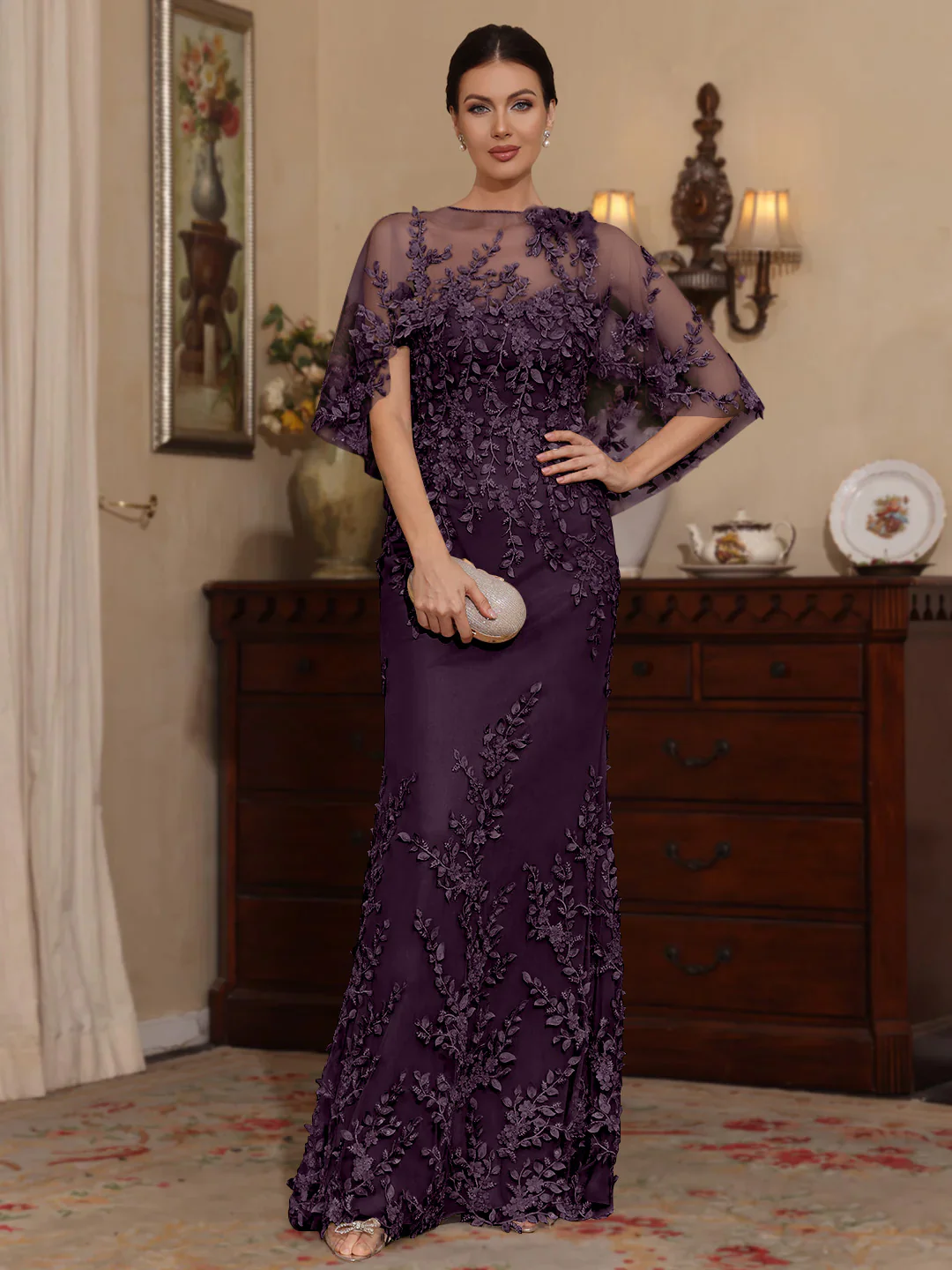 2 Pieces Sheath/Column Scoop Lace Mother of the Bride Dresses with Wrap Beading Half Sleeves Floor-Length - Image 25
