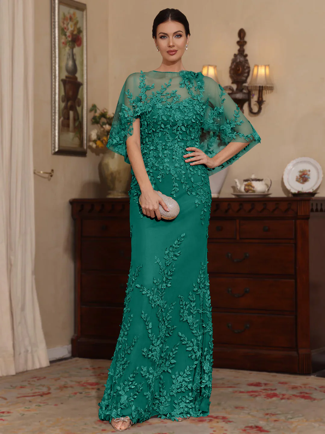 2 Pieces Sheath/Column Scoop Lace Mother of the Bride Dresses with Wrap Beading Half Sleeves Floor-Length - Image 29