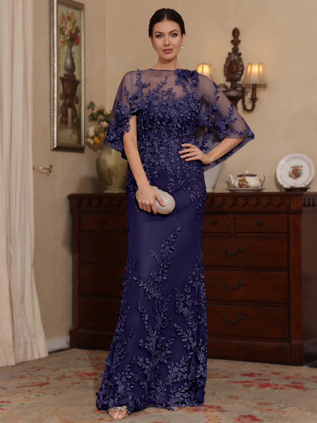 2 Pieces Sheath/Column Scoop Lace Mother of the Bride Dresses with Wrap Beading Half Sleeves Floor-Length - Image 42