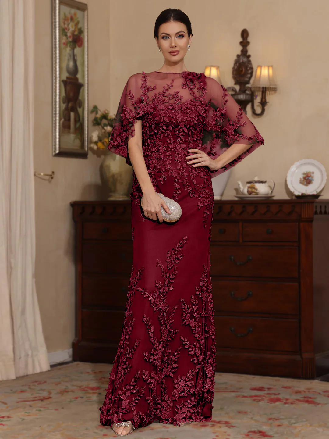 2 Pieces Sheath/Column Scoop Lace Mother of the Bride Dresses with Wrap Beading Half Sleeves Floor-Length - Image 53