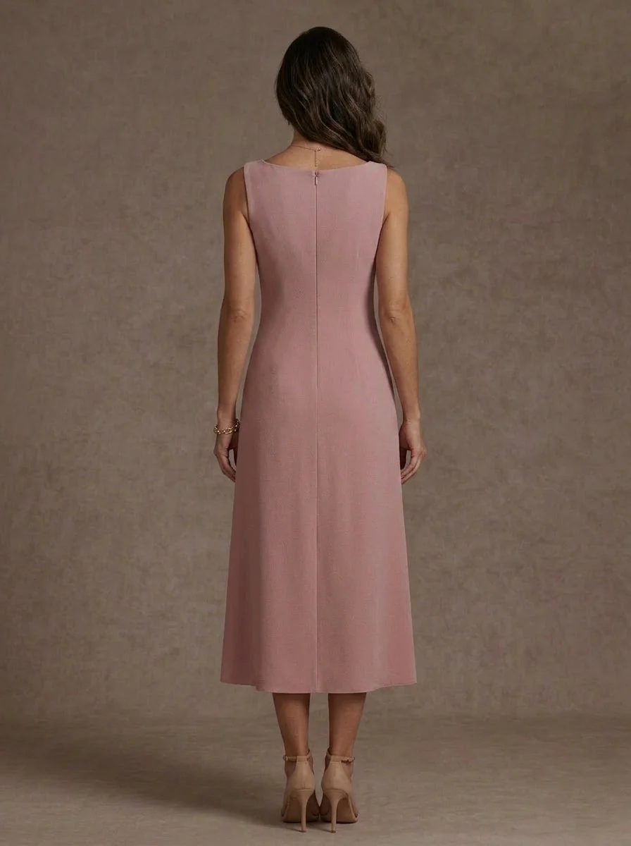 2 Pieces Sheath/Column Square Collar Stretch Satin Mother of the Bride Dresses with Jacket 3/4 Sleeves Tea-Length - Image 4