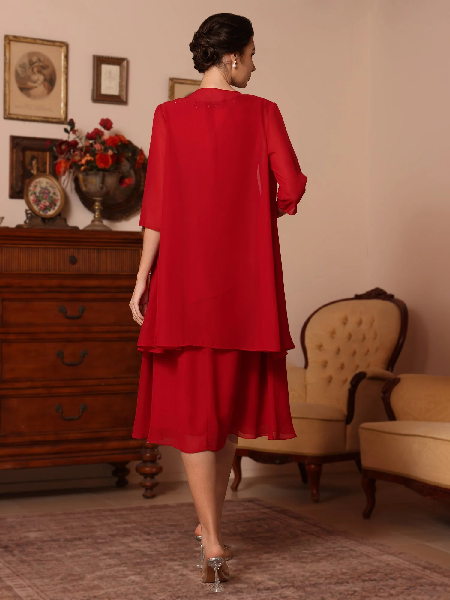 2 Pieces Sheath/Column V-Neck Chiffon Mother of the Bride Dresses with Jacket Beading Knee-Length Half Sleeves - Image 2