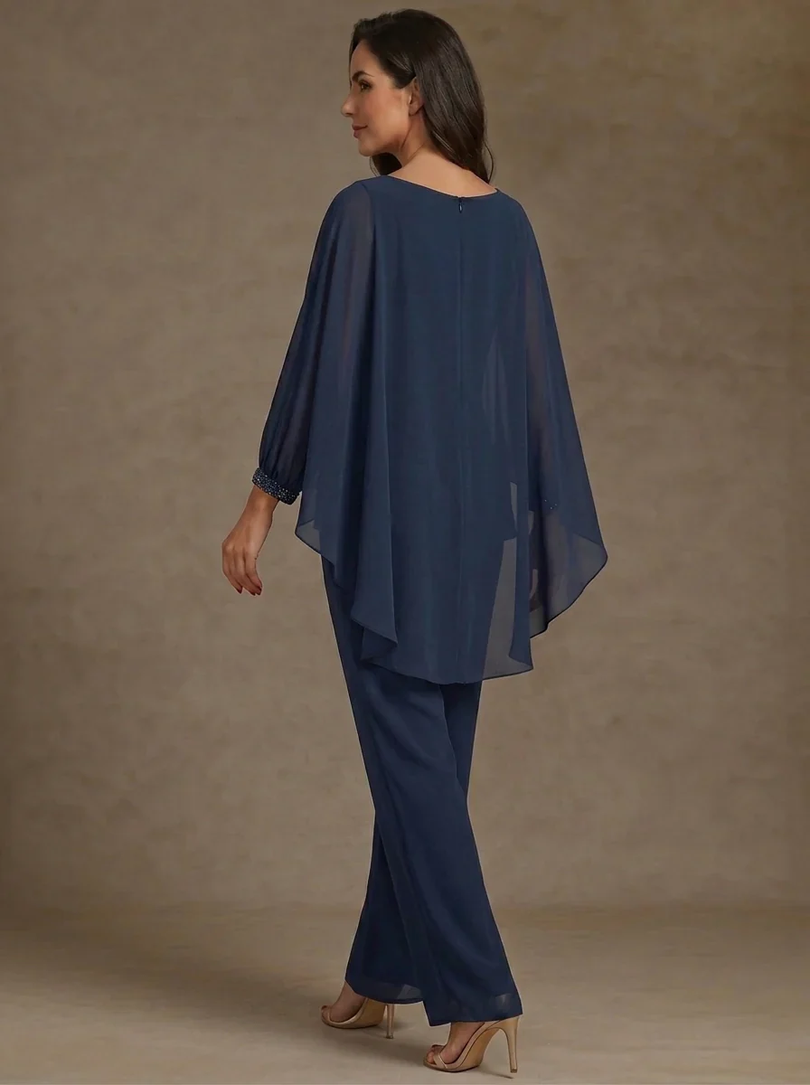 2 Pieces Suit Scoop Chiffon Mother of the Bride Pantsuits Ankle-Length Long Sleeves Ruffles - Image 2