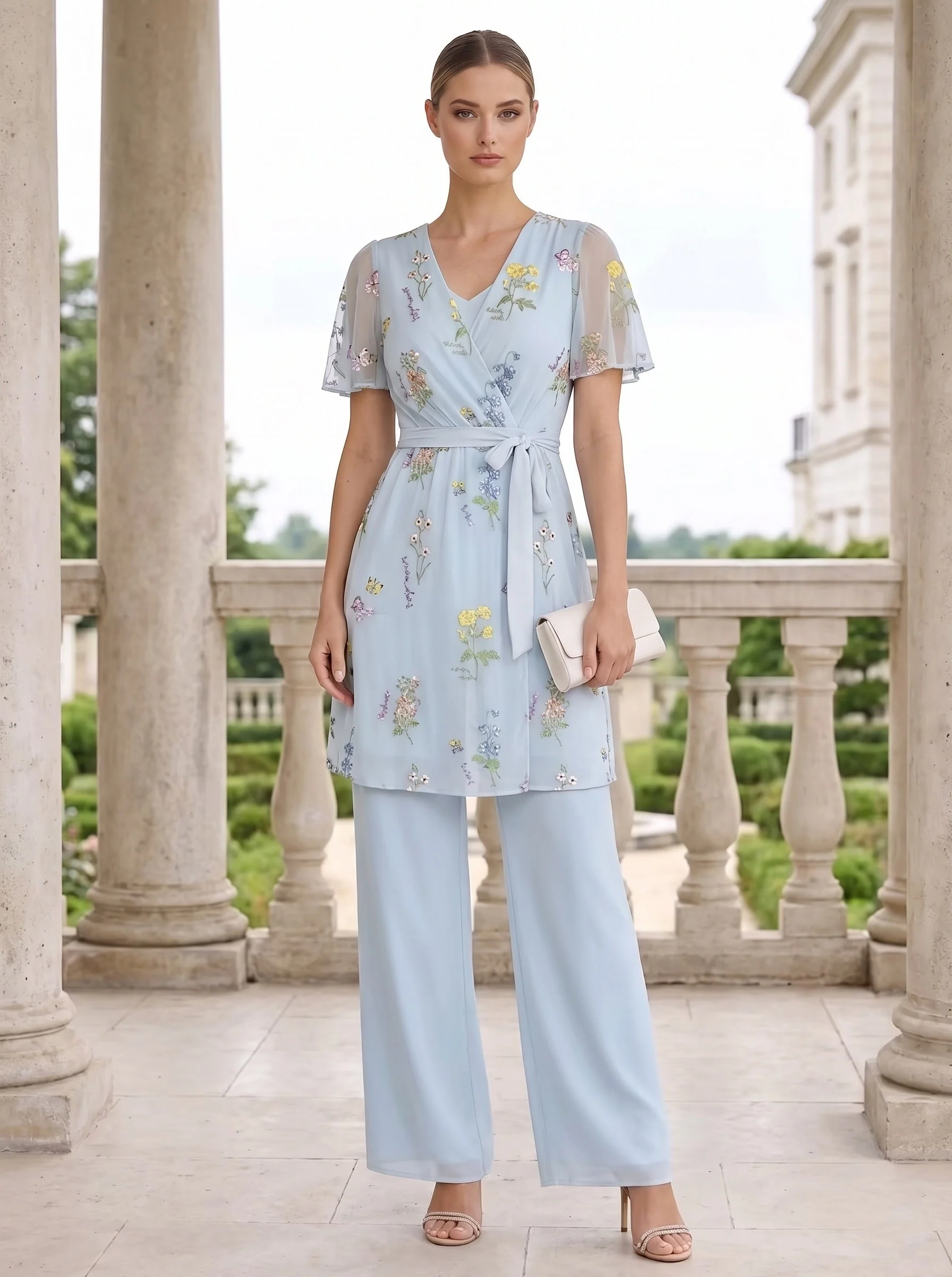 2 Pieces Suit V-Neck Chiffon Mother of the Bride Pantsuits Short Sleeves Floral Ankle-Length - Image 3
