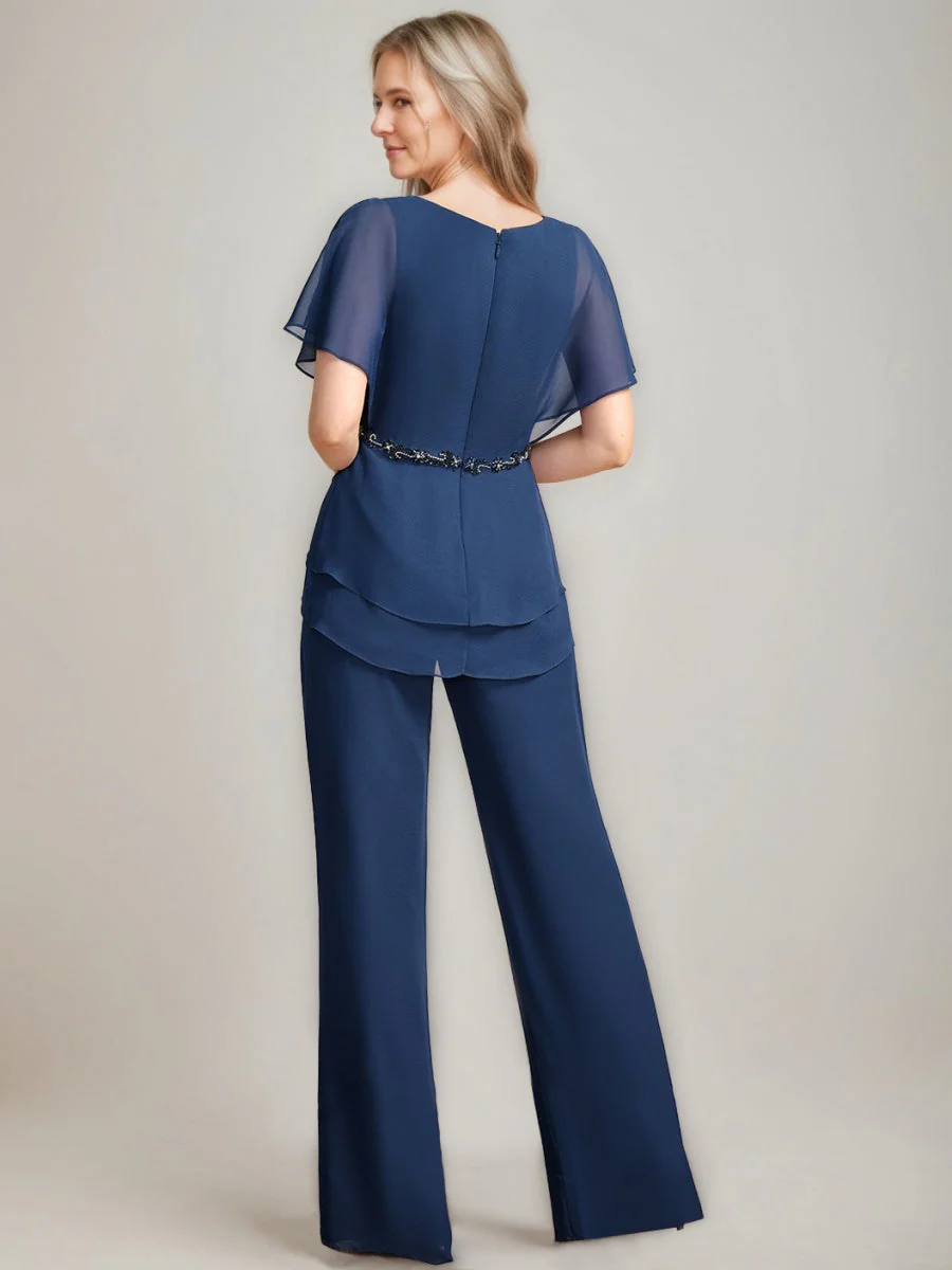 2 Pieces V-Neck Ruched Flutter Sleeves Floor-Length Beading Mother of the Bride Pantsuits - Image 2