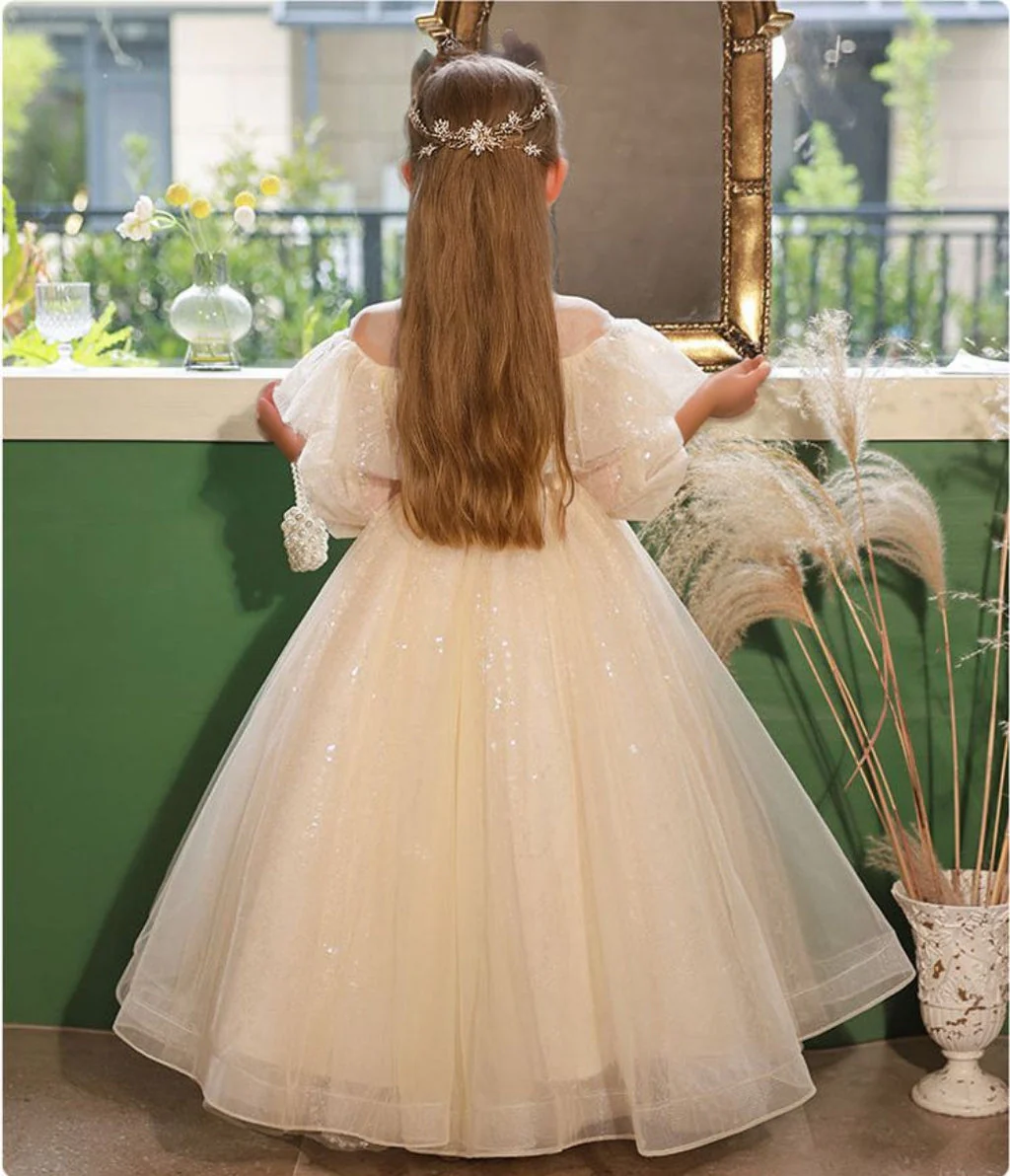 3/4 Sleeves High Neck A-Line/Princess Lace Flower Girl Dress with Rhinestone Appliques - Image 2