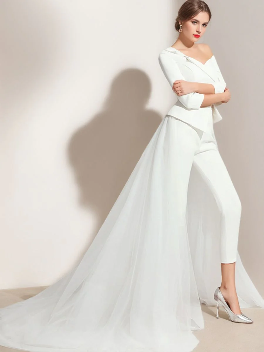 3/4 Sleeves One-Shoulder White Tulle Elegant Wedding Pant Suit Styles - Image 4