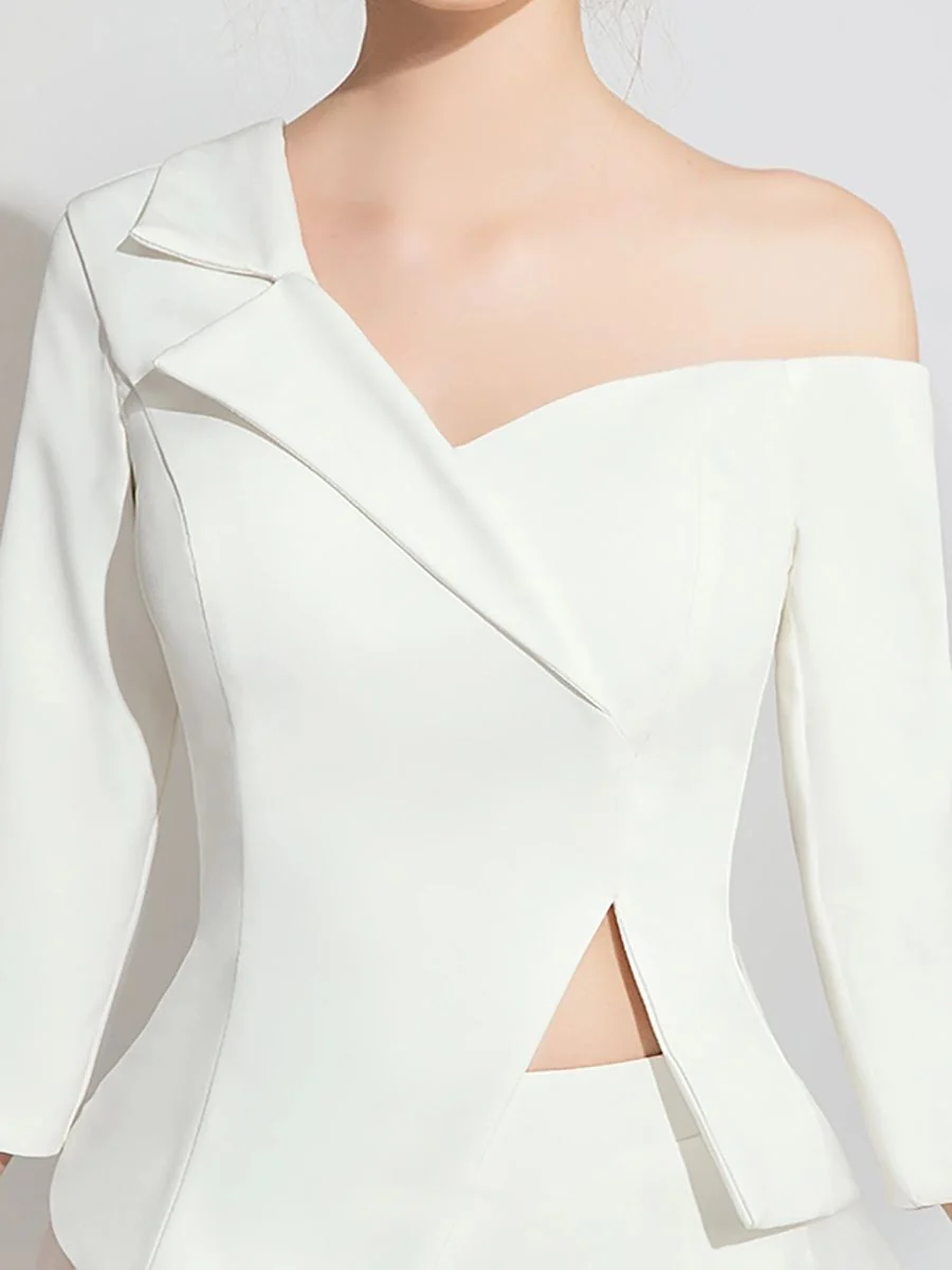 3/4 Sleeves One-Shoulder White Tulle Elegant Wedding Pant Suit Styles - Image 6