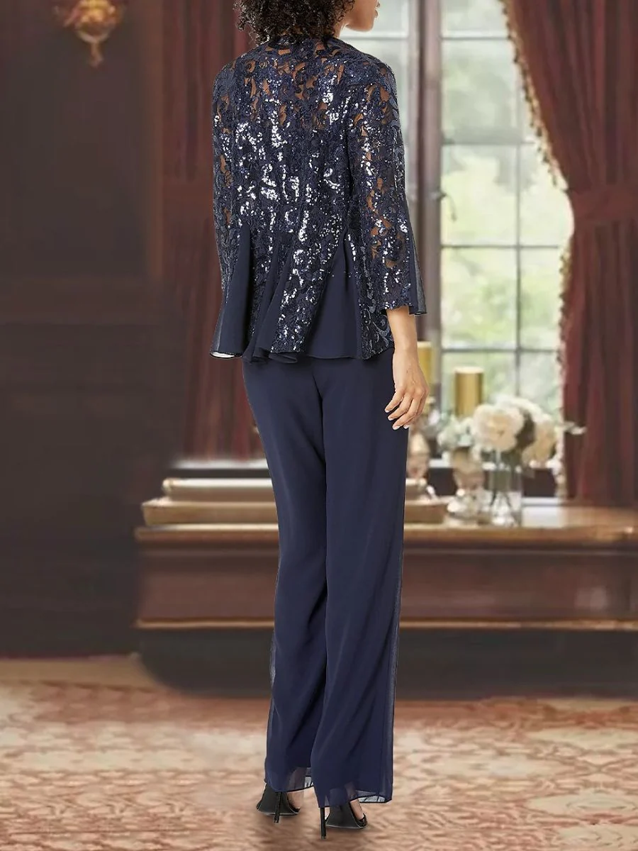 3 Piece Chiffon Square Neck Ankle-Length Mother Of The Bride Pantsuits With Applique - Image 2