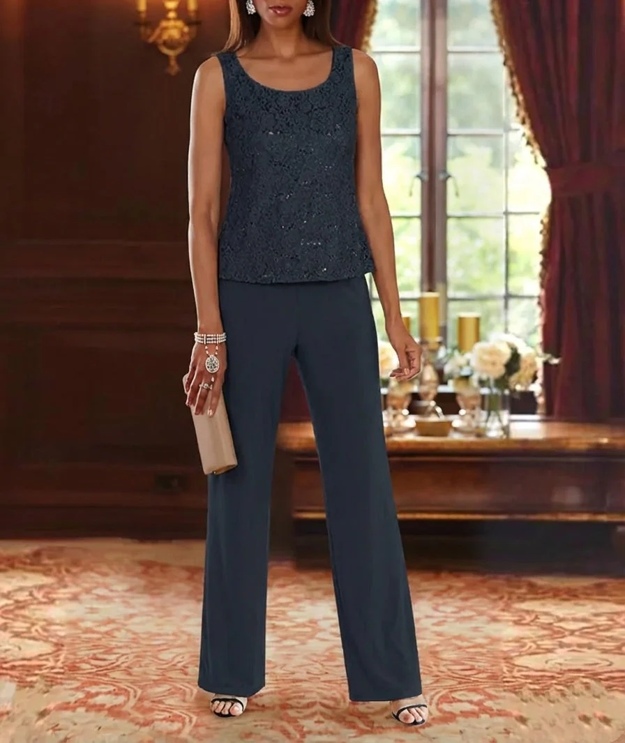 3 Pieces Chiffon Jewel Neck Mother of the Bride Pantsuits with Jacket Lace Ankle-Length Half Sleeves - Image 2