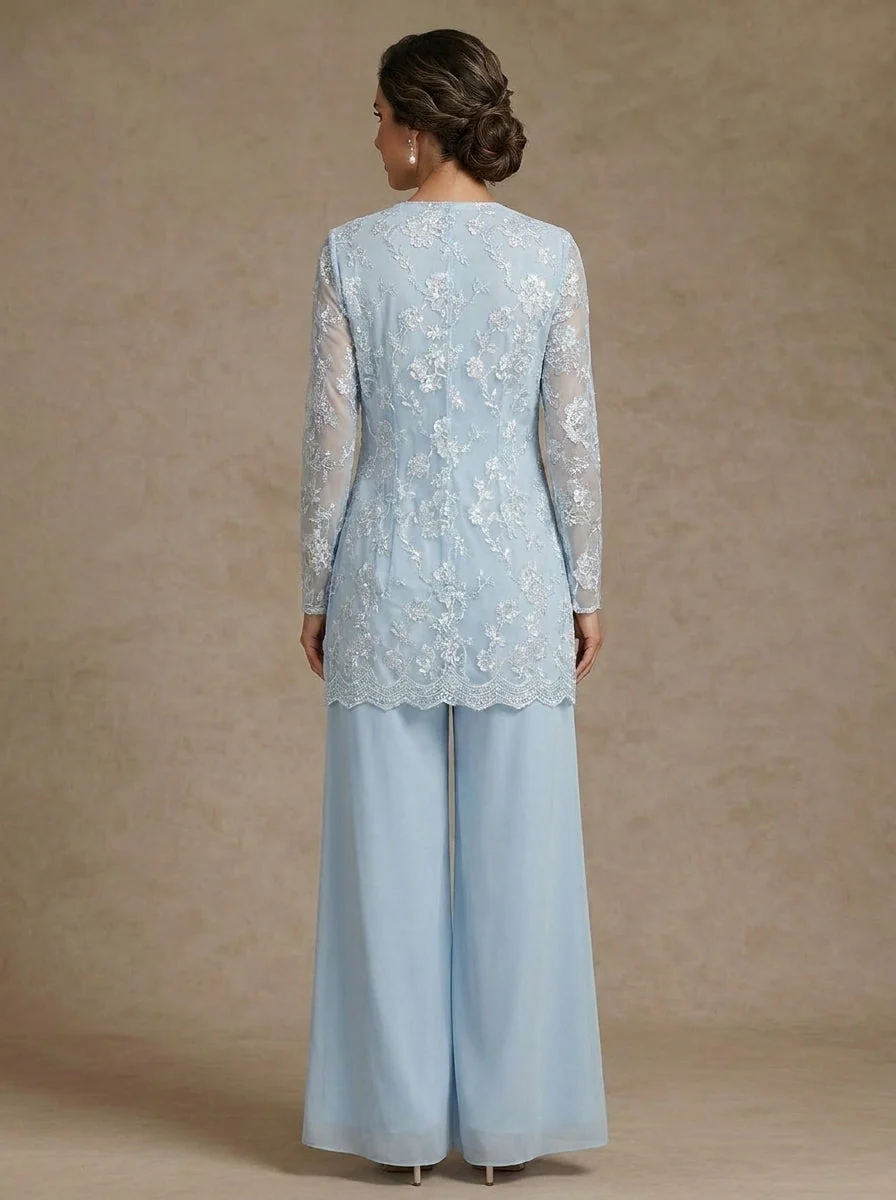 3 Pieces Chiffon Scoop Mother of the Bride Pantsuits with Jacket Lace Floral Ankle-Length Long Sleeves - Image 2