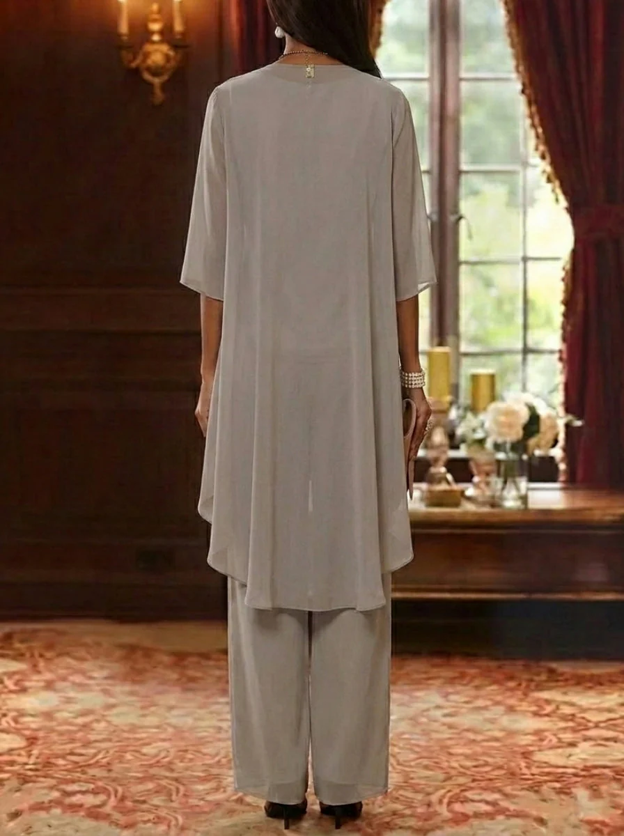 3 Pieces Scoop Chiffon Mother of the Bride Pantsuits with Jacket 3/4 Sleeves Ankle-Length Lace Floral - Image 2