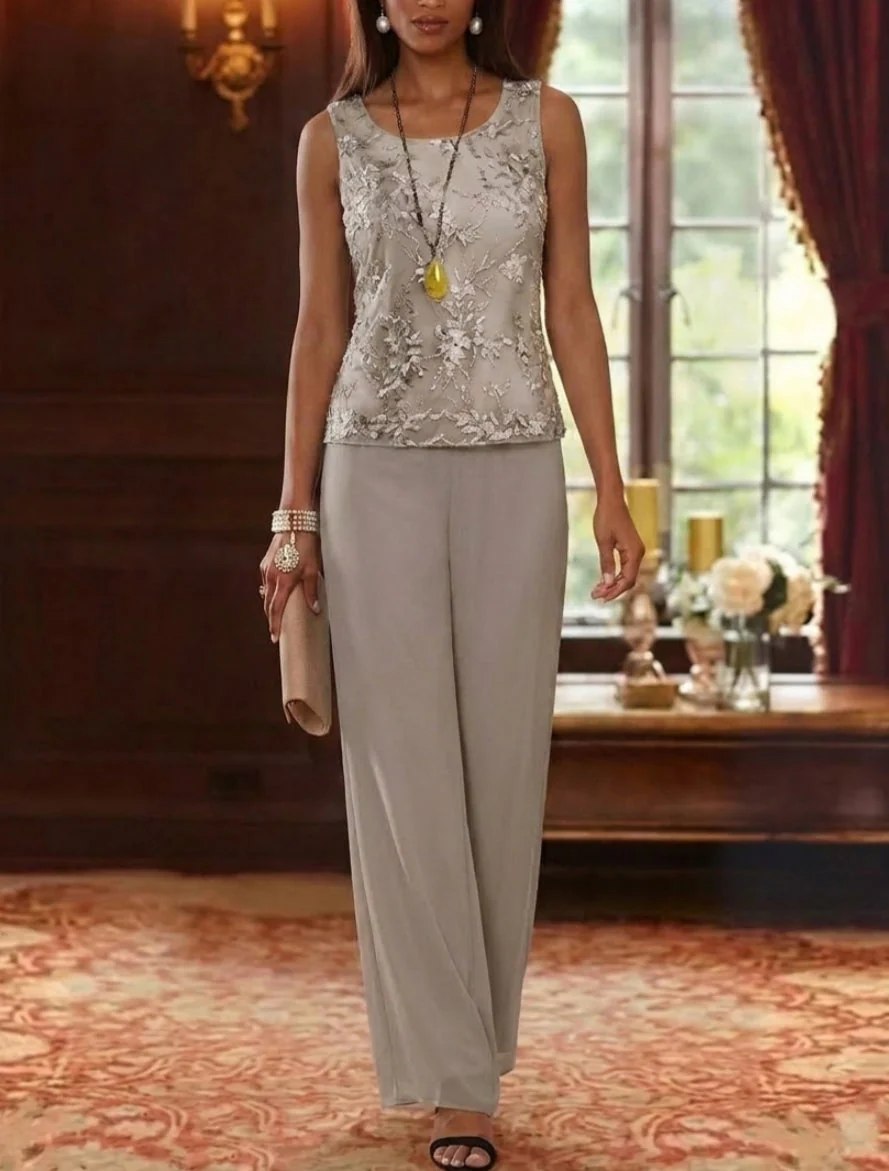 3 Pieces Scoop Chiffon Mother of the Bride Pantsuits with Jacket 3/4 Sleeves Ankle-Length Lace Floral - Image 3