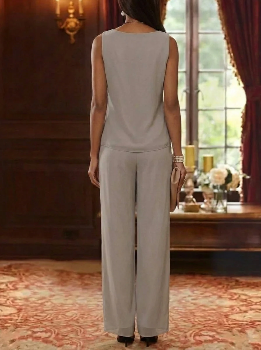 3 Pieces Scoop Chiffon Mother of the Bride Pantsuits with Jacket 3/4 Sleeves Ankle-Length Lace Floral - Image 4