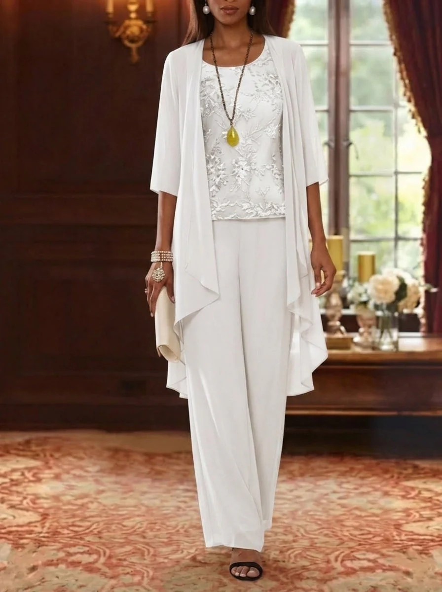 3 Pieces Scoop Chiffon Mother of the Bride Pantsuits with Jacket 3/4 Sleeves Ankle-Length Lace Floral - Image 7
