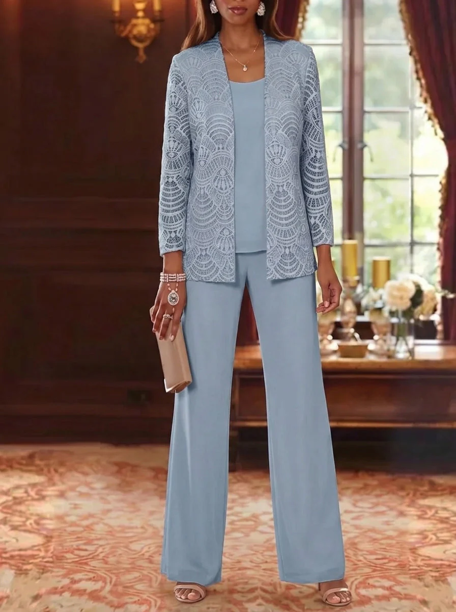 3 Pieces Scoop Chiffon Mother of the Bride Pantsuits with Jacket Lace Ankle-Length Long Sleeves - Image 10