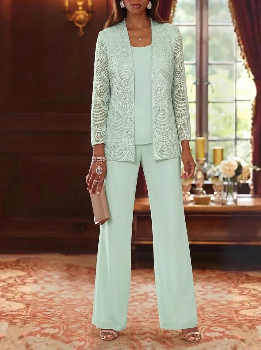 3 Pieces Scoop Chiffon Mother of the Bride Pantsuits with Jacket Lace Ankle-Length Long Sleeves - Image 11