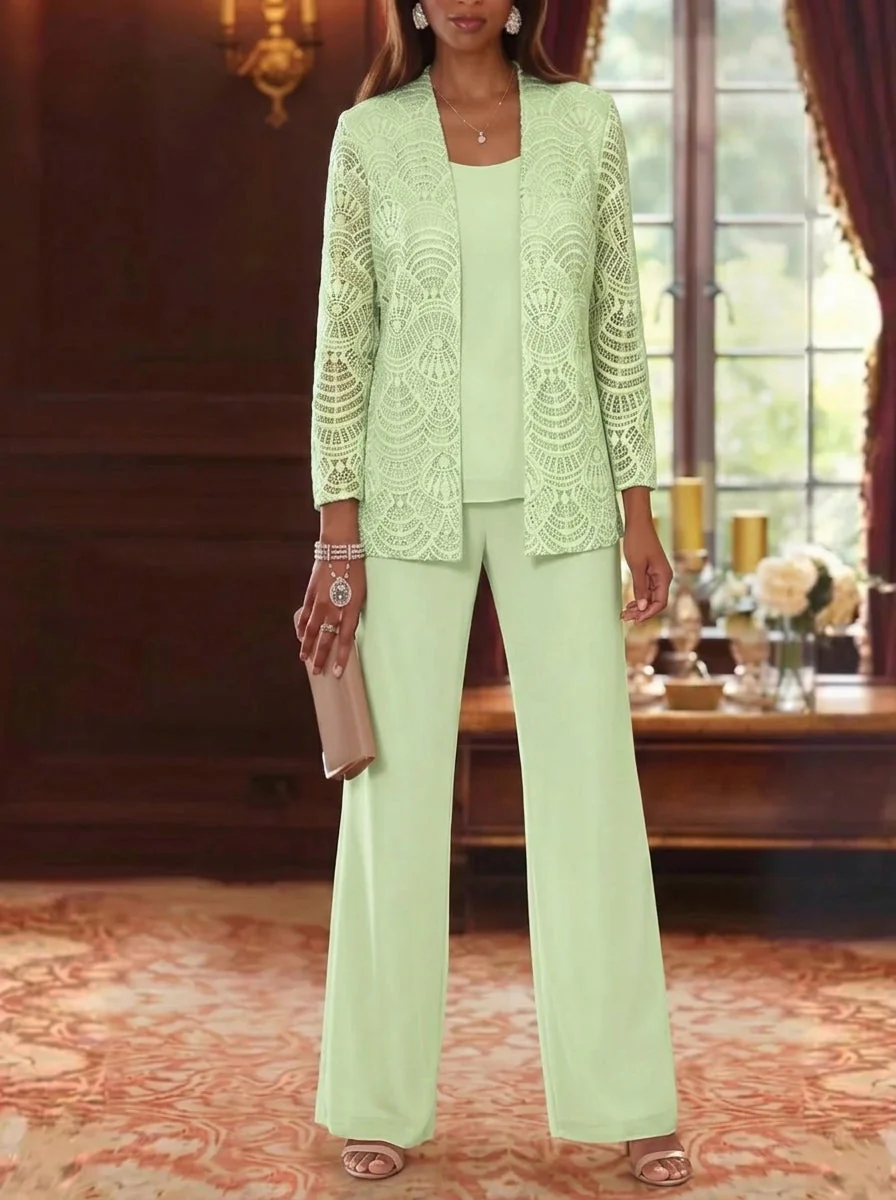 3 Pieces Scoop Chiffon Mother of the Bride Pantsuits with Jacket Lace Ankle-Length Long Sleeves - Image 17