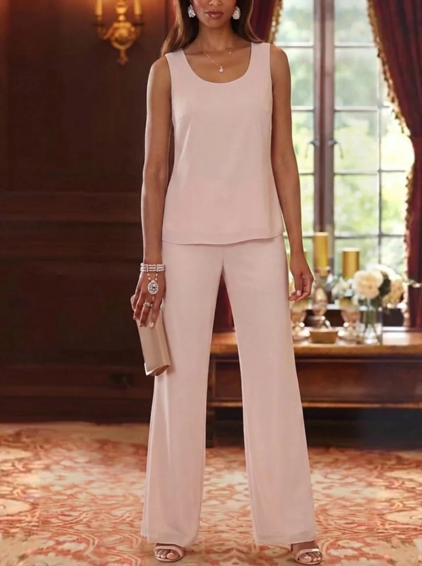 3 Pieces Scoop Chiffon Mother of the Bride Pantsuits with Jacket Lace Ankle-Length Long Sleeves - Image 3