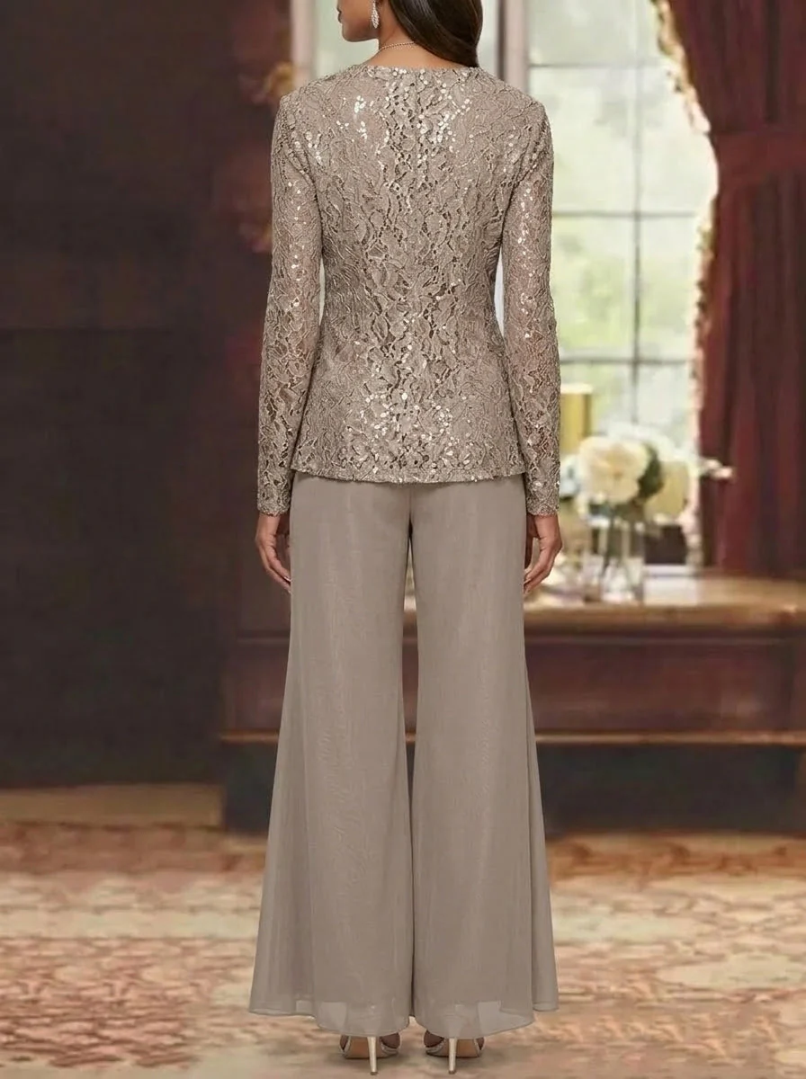 3 Pieces Scoop Lace Mother of the Bride Pantsuits with Jacket Long Sleeves Ankle-Length - Image 2