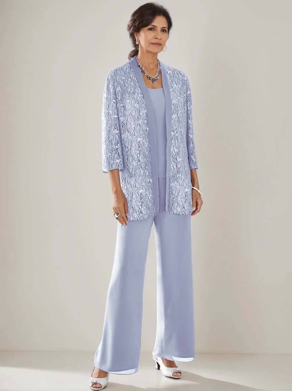3 Pieces Scoop Neck 3/4 Sleeves Ankle-Length Mother of the Bride Pantsuits with Lace & Sequins & Jacket - Image 12