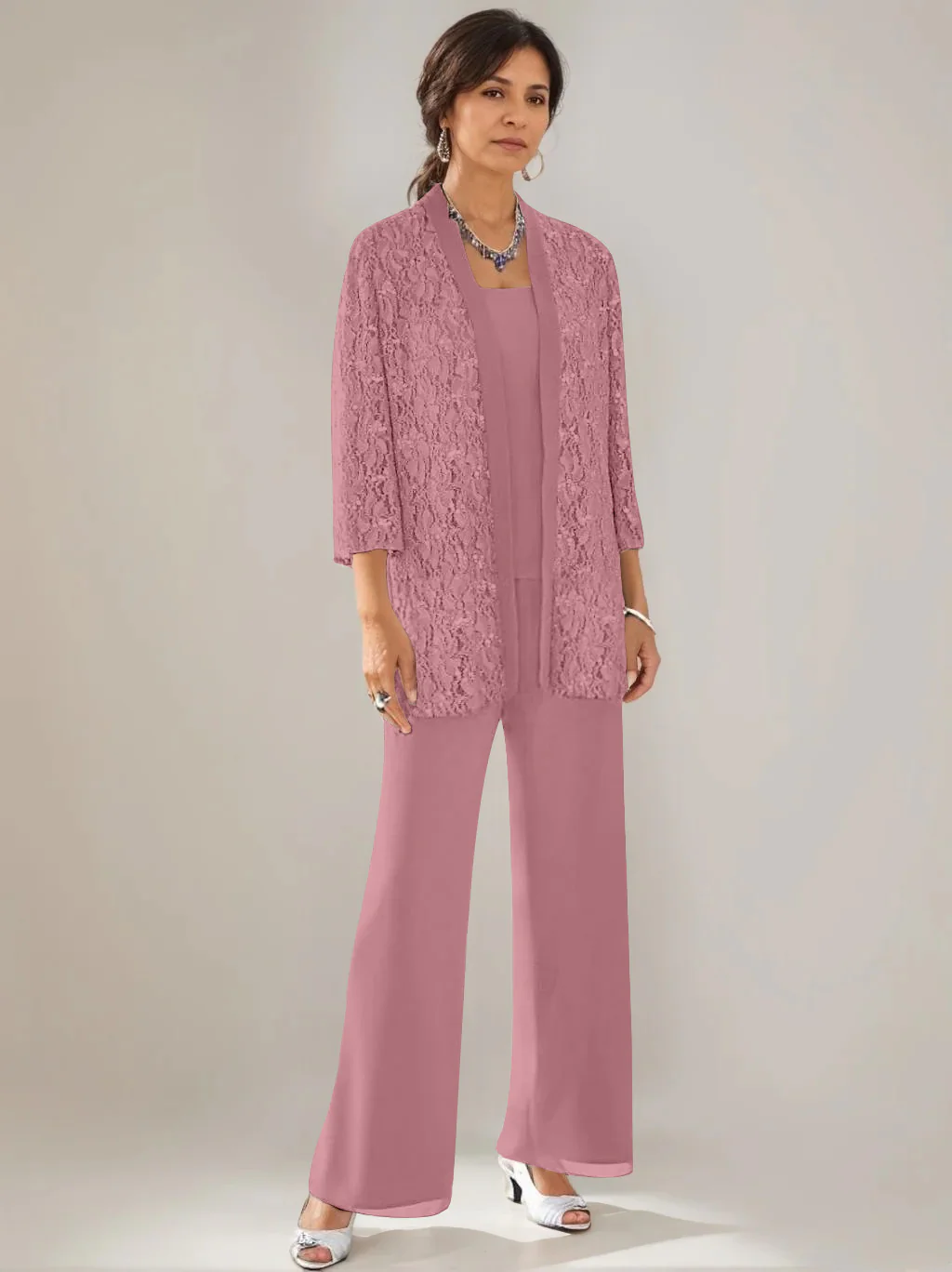 3 Pieces Scoop Neck 3/4 Sleeves Ankle-Length Mother of the Bride Pantsuits with Lace & Sequins & Jacket - Image 17