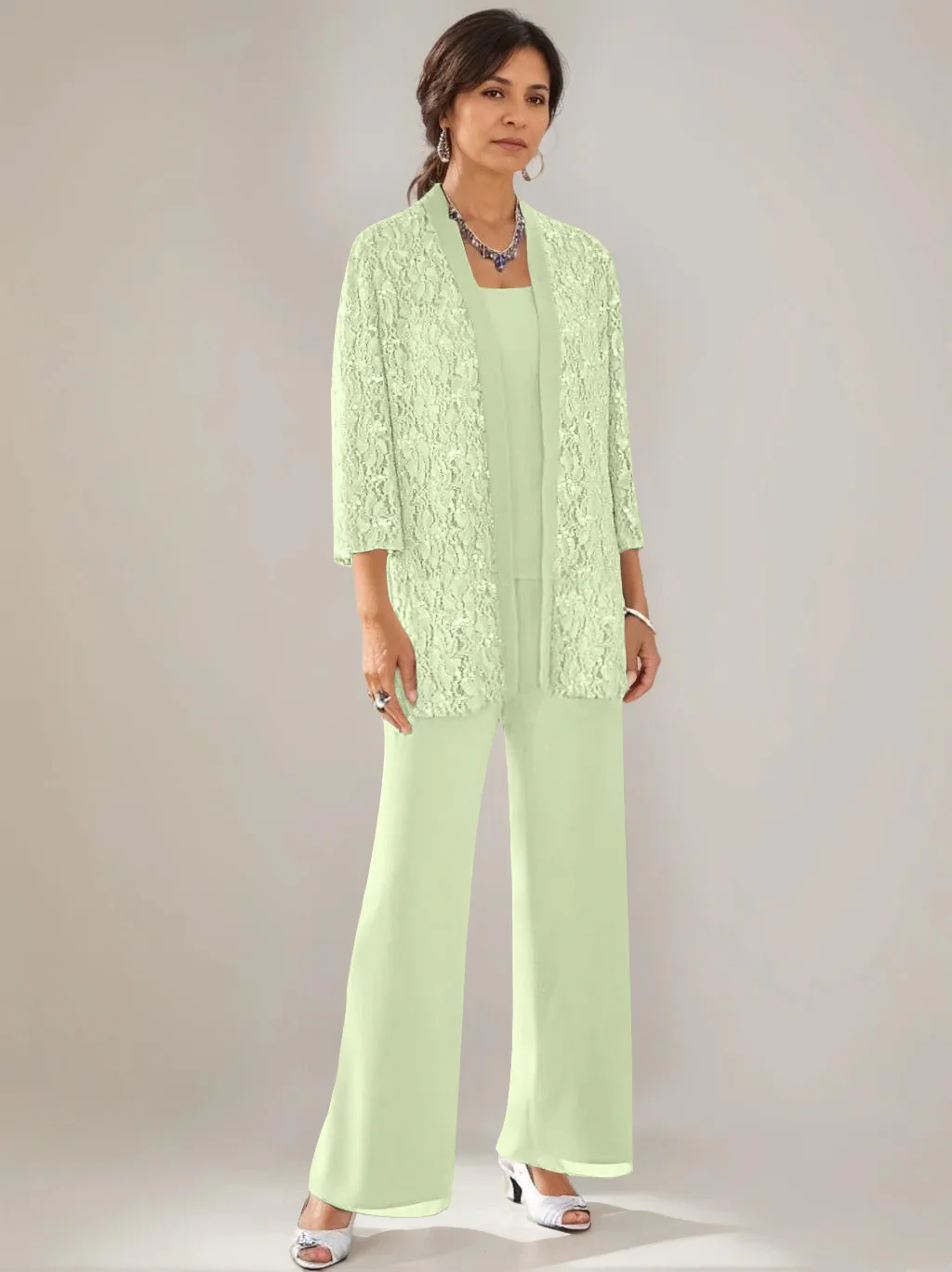 3 Pieces Scoop Neck 3/4 Sleeves Ankle-Length Mother of the Bride Pantsuits with Lace & Sequins & Jacket - Image 18