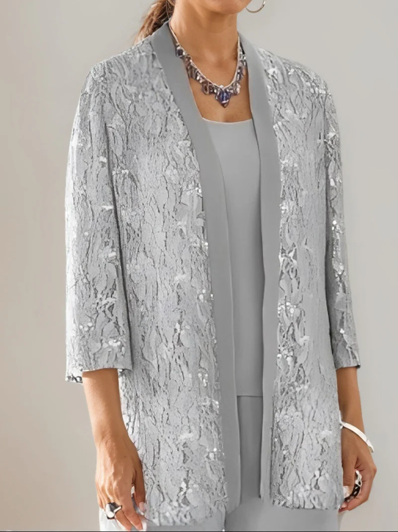 3 Pieces Scoop Neck 3/4 Sleeves Ankle-Length Mother of the Bride Pantsuits with Lace & Sequins & Jacket - Image 2