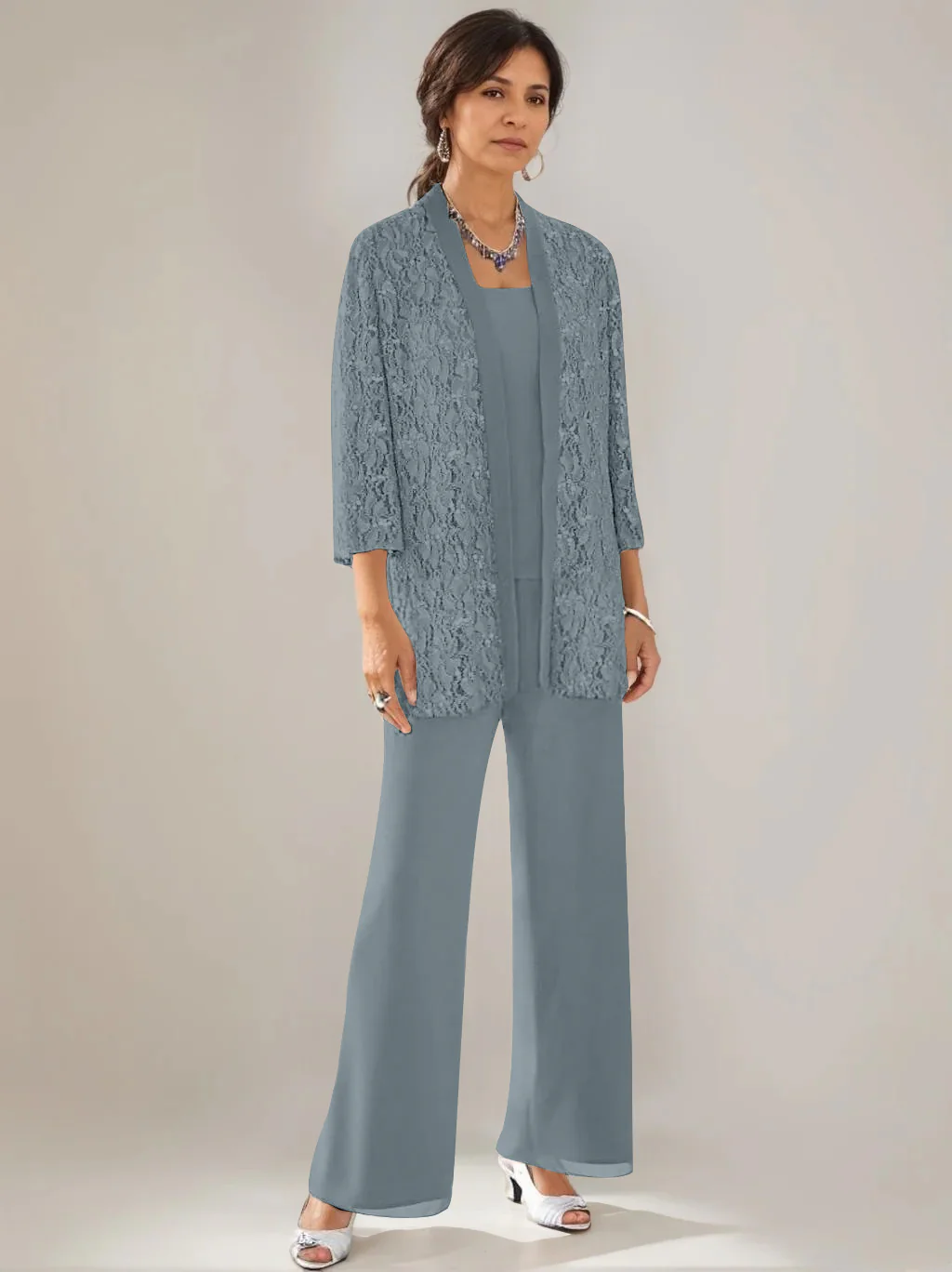 3 Pieces Scoop Neck 3/4 Sleeves Ankle-Length Mother of the Bride Pantsuits with Lace & Sequins & Jacket - Image 25