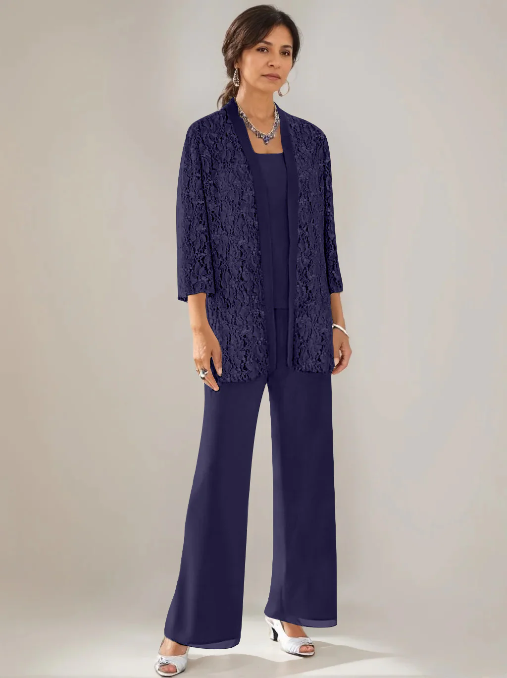 3 Pieces Scoop Neck 3/4 Sleeves Ankle-Length Mother of the Bride Pantsuits with Lace & Sequins & Jacket - Image 47