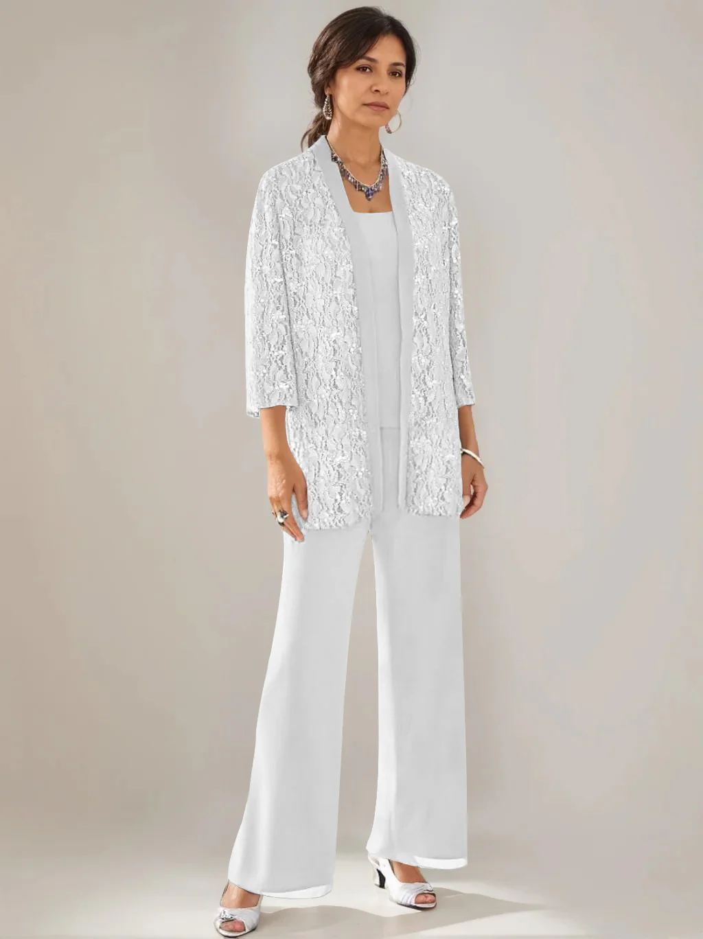 3 Pieces Scoop Neck 3/4 Sleeves Ankle-Length Mother of the Bride Pantsuits with Lace & Sequins & Jacket - Image 54