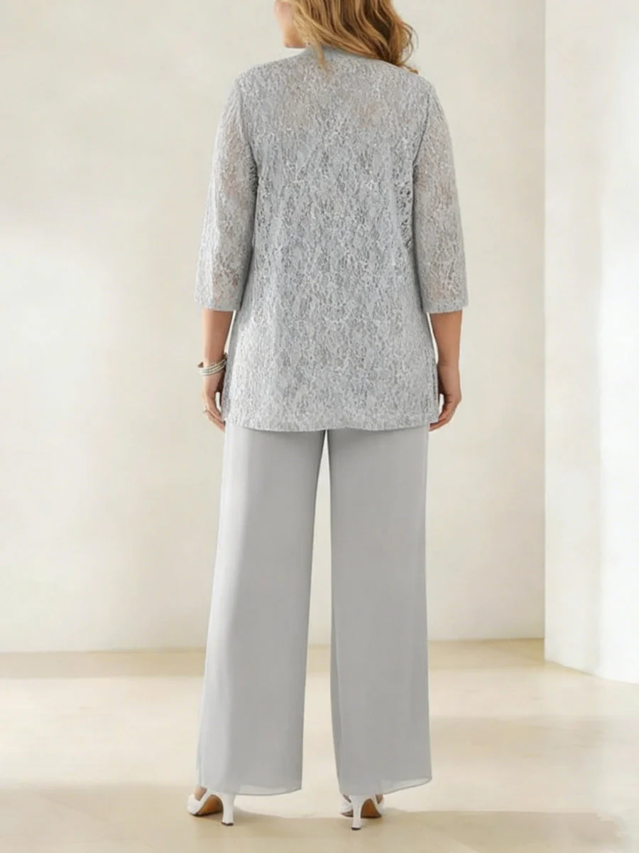 3 Pieces Scoop Neck 3/4 Sleeves Plus Size Mother of the Bride Pantsuits with Lace & Sequins & Jacket Ankle-Length - Image 2