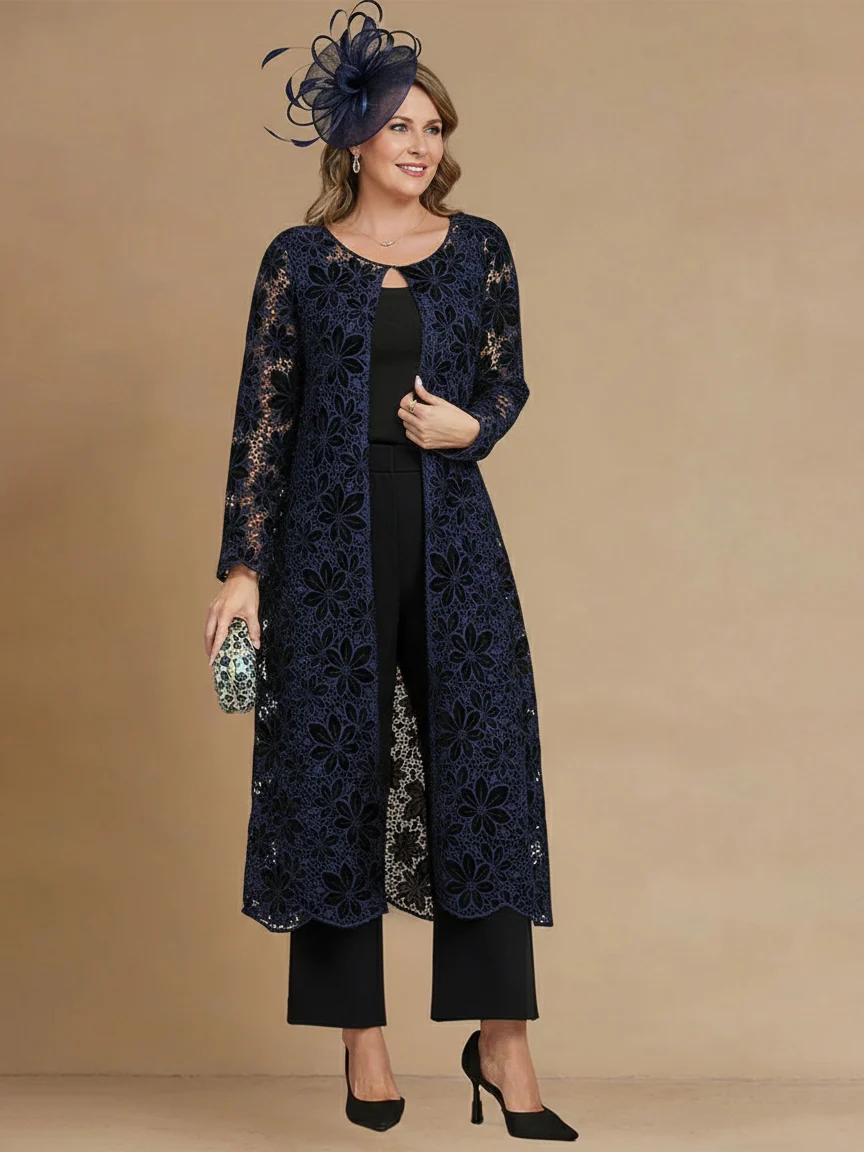 3 Pieces Scoop Satin Mother of the Bride Pansuits Tea-Length Long Sleeves With Floral Appliques& Lace Jacket