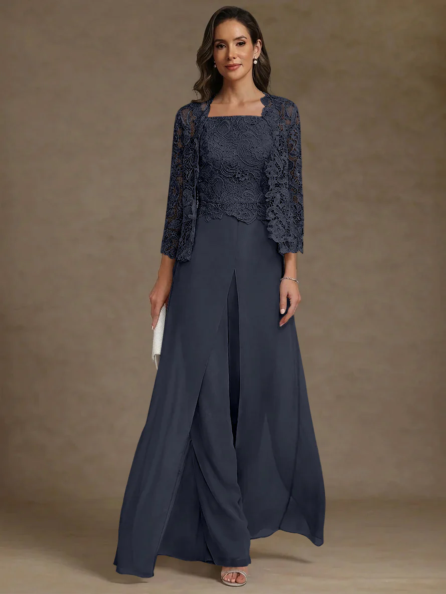 3 Pieces Square Collar Chiffon Mother of the Bride Pantsuits with Jacket Lace Ankle-Length with Overskirt Long Sleeves - Image 10