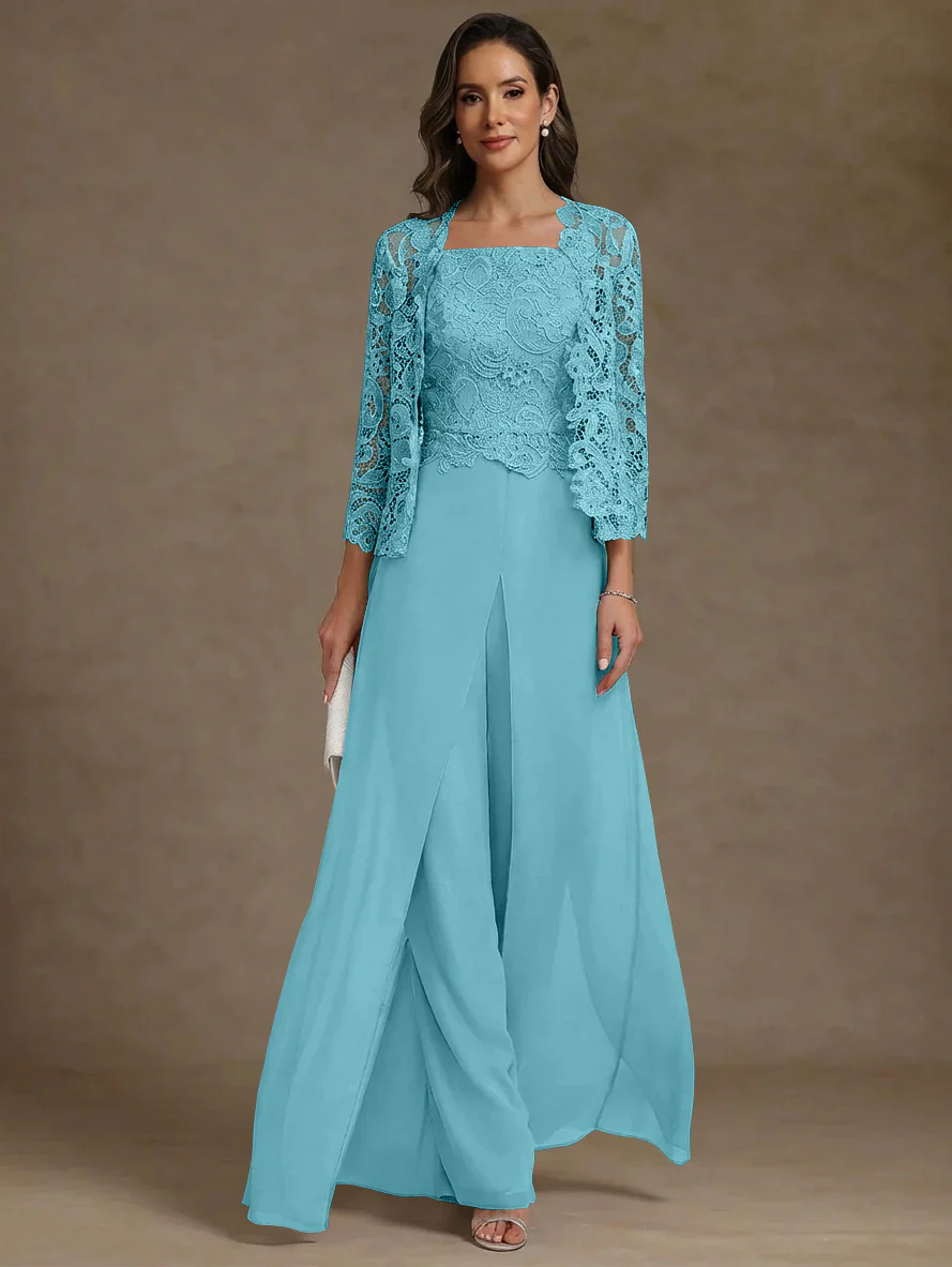 3 Pieces Square Collar Chiffon Mother of the Bride Pantsuits with Jacket Lace Ankle-Length with Overskirt Long Sleeves - Image 12