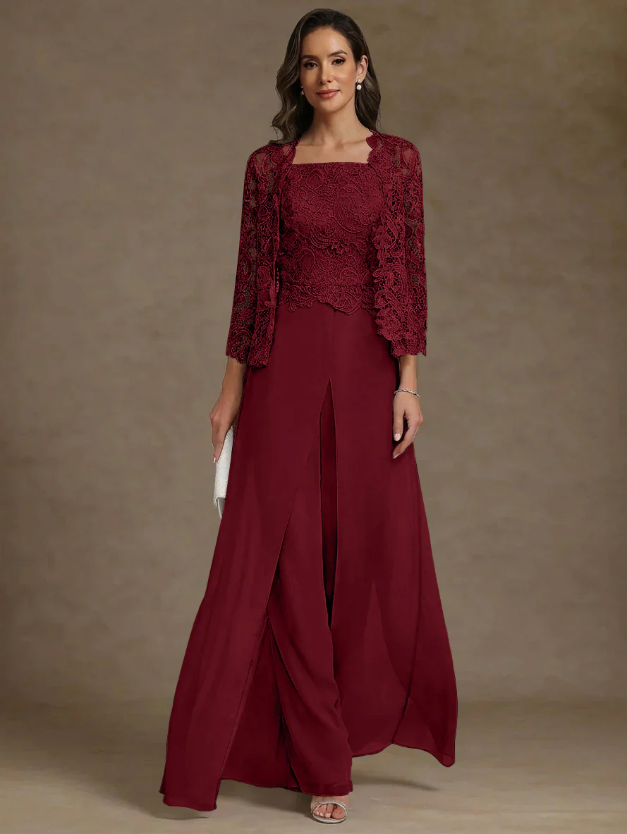 3 Pieces Square Collar Chiffon Mother of the Bride Pantsuits with Jacket Lace Ankle-Length with Overskirt Long Sleeves - Image 13