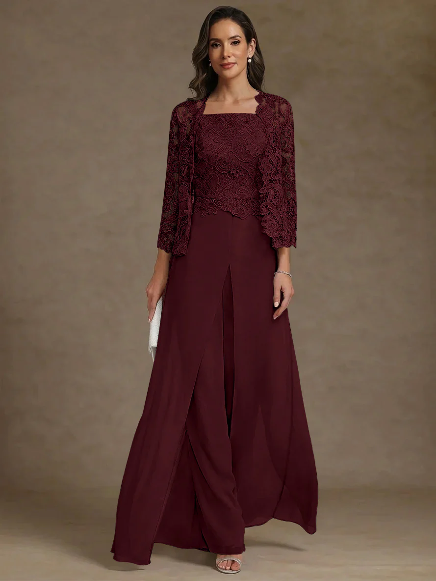 3 Pieces Square Collar Chiffon Mother of the Bride Pantsuits with Jacket Lace Ankle-Length with Overskirt Long Sleeves - Image 14