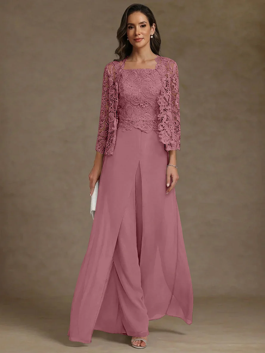 3 Pieces Square Collar Chiffon Mother of the Bride Pantsuits with Jacket Lace Ankle-Length with Overskirt Long Sleeves - Image 15