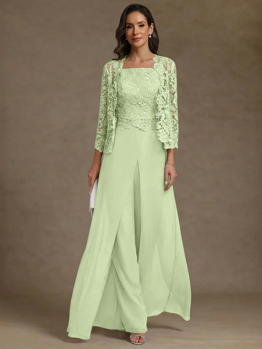 3 Pieces Square Collar Chiffon Mother of the Bride Pantsuits with Jacket Lace Ankle-Length with Overskirt Long Sleeves - Image 16