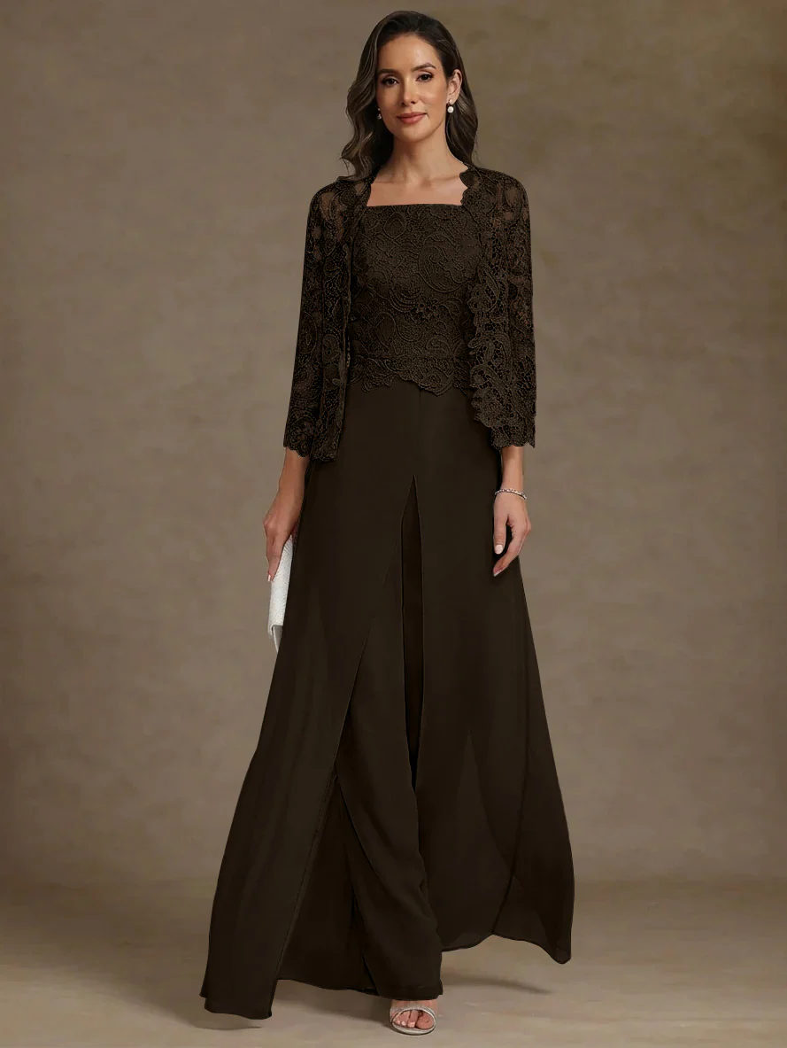 3 Pieces Square Collar Chiffon Mother of the Bride Pantsuits with Jacket Lace Ankle-Length with Overskirt Long Sleeves - Image 19