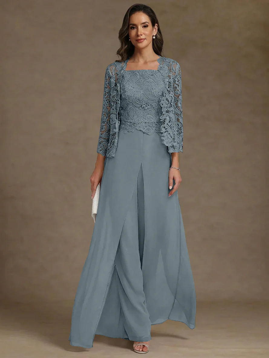 3 Pieces Square Collar Chiffon Mother of the Bride Pantsuits with Jacket Lace Ankle-Length with Overskirt Long Sleeves - Image 23