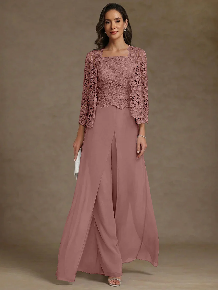 3 Pieces Square Collar Chiffon Mother of the Bride Pantsuits with Jacket Lace Ankle-Length with Overskirt Long Sleeves - Image 24